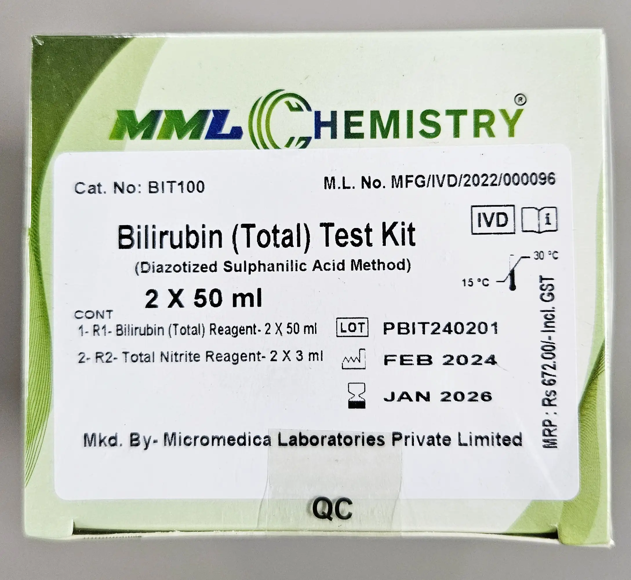 Bilirubin Total Reagent - 2X50 ml - MicroMedica